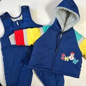 Vintage 80s Weather Tamer Color Block Snowman Winter Jacket & Bib Set Snowsuit